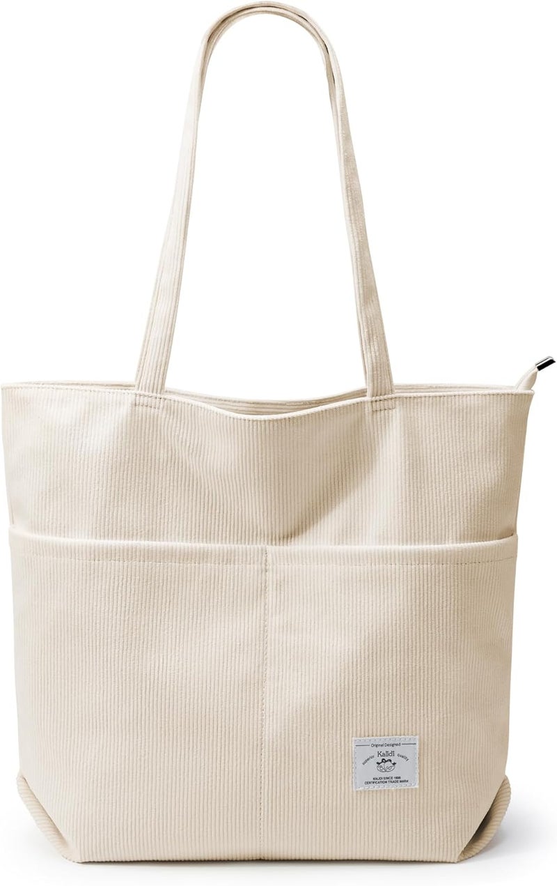 KALIDI FANCY FOREST KALIDI Women Corduroy Tote Bag Zipper Casual Tote's Handbag Big Capacity Shoulder Bag with Pockets - Image 1